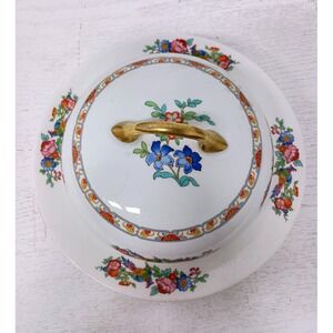 Vintage York Butter Dish Round Covered 18 Carat Gold Trim Floral Bird White 7.5"